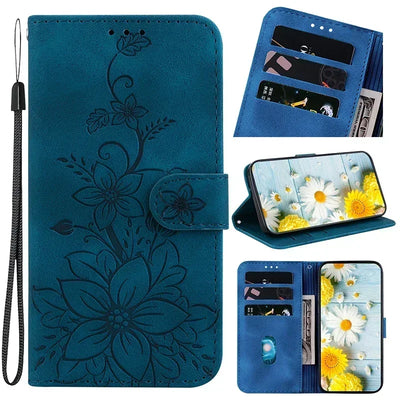 Magnetic Leather Phone Case For Google Pixel 10A 5 6A 8 9A 7 7A Pro Pixel 9 10 Pro XL Embossed Lilies Flip Cover Wallet Case