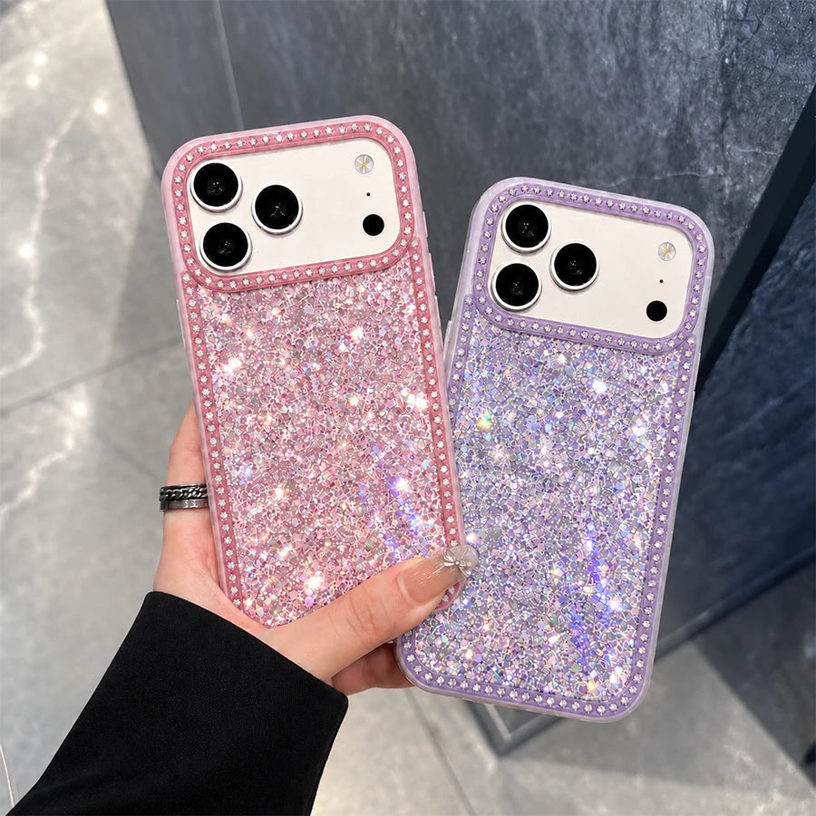 Luxury Sparkling Rhinestone Phone Case, Compatible with iPhone Air/17 Pro Max/16 Pro/15/14/13/12/11, Glitter Acrylic Back Cover, Solid Color Soft-Touch Frame, Large Camera Cutout Protective Case