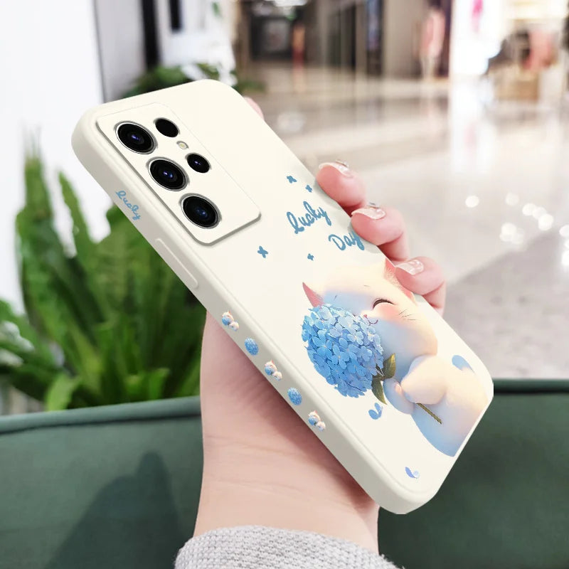 Blue Silk Cat Phone Case For Samsung Galaxy S25 FE S24 S23 S22 S21 S20 S10 S10E Ultra Plus FE Note 20 Ultra Plus Cover