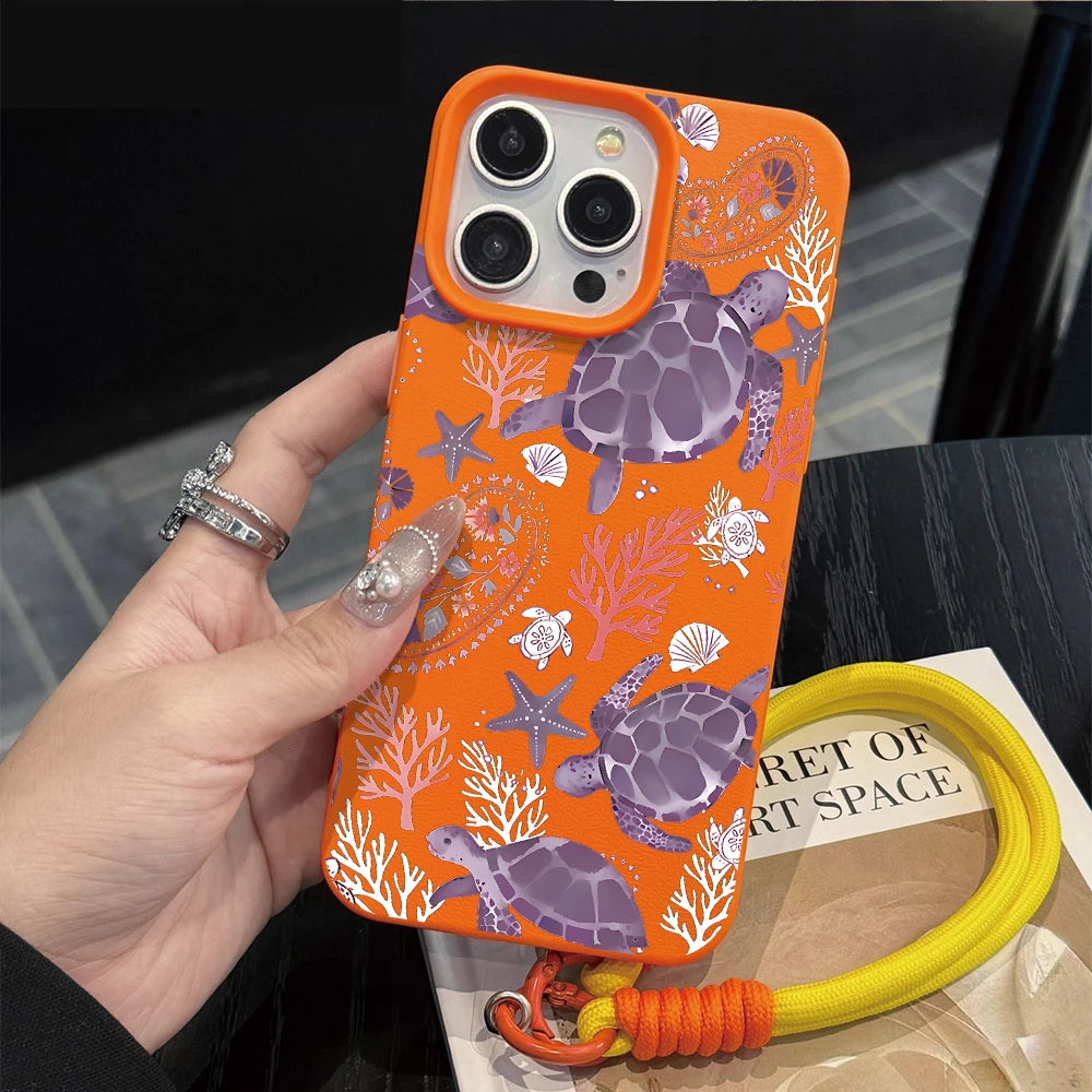 Wrist Strap Case For iPhone 18 13 14 Pro Max Cases iPhone 11 12 17 ProMax 13 15 Plus Coastal Sea Turtle With Lanyard Cover