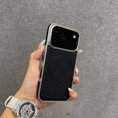 Luxury Leather Magnetic Phone Case for iPhone 17 16 15 Pro Max Plating Frame Original Business Magnets Charging Shockproof Cover