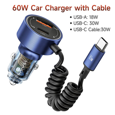 Toocki 60W USB Car Charger for Xiaomi Samsung LED Light PD QC3.0 Type C Fast Charging Charger with USB C Cable for iPhone 15 Pro
