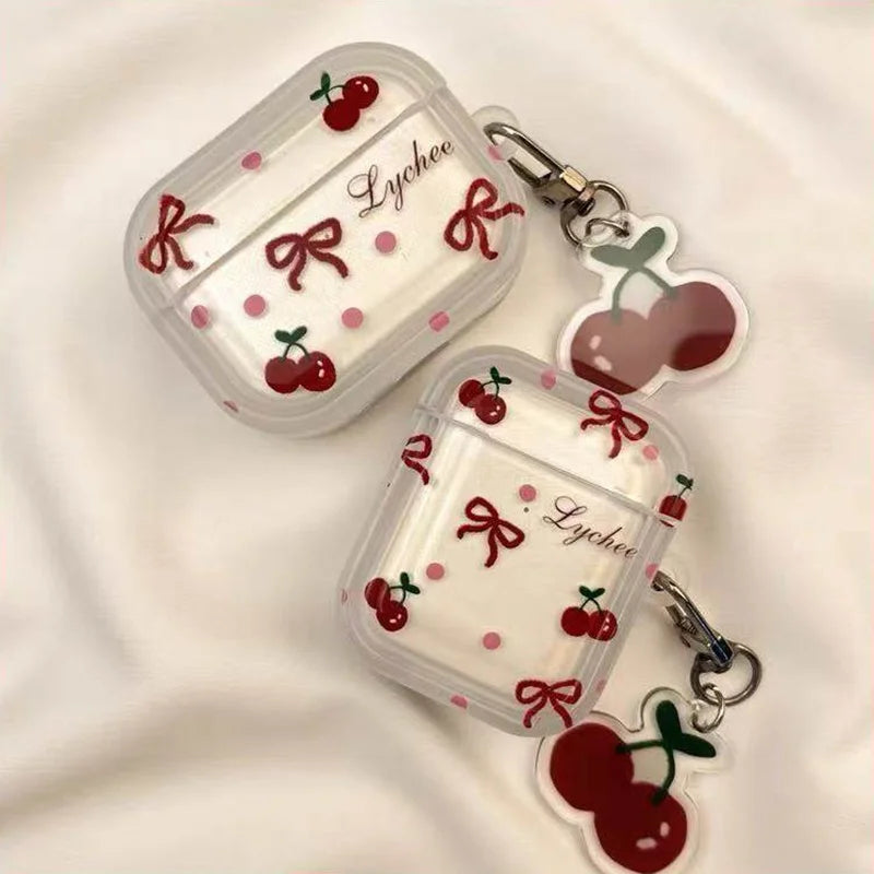 Korean Cute Bow Cherry Earphone Case For Apple Airpods Pro 2 1 Case With Cherry Pendant Silicone Protective Case For Airpods 4 3