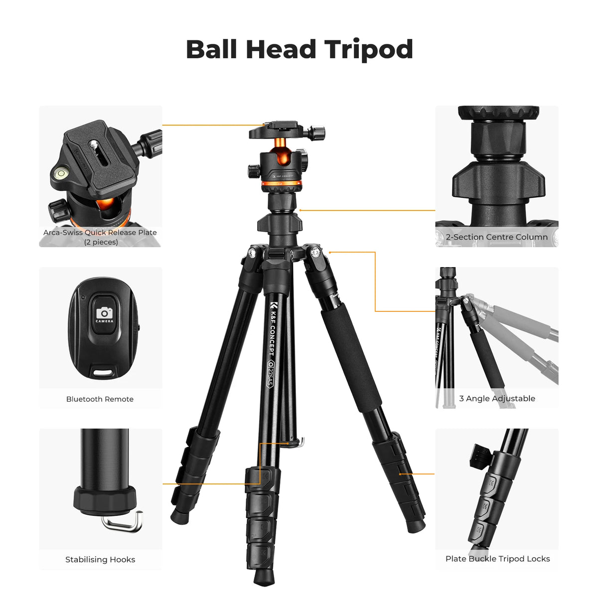 K&F CONCEPT 192cm Camera Tripod with 360 Degree 17.6lbs Load Ball Head Detachable Monopod Heavy Duty DSLR Tripods O275A5+BH-36