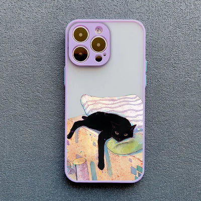 Luxury Funny Cartoon Black Cat Phone Case For iPhone 17 16 15 14 13 12 11 Pro Max Mini 7 8 Plus SE Shockproof Matte Hard Cover
