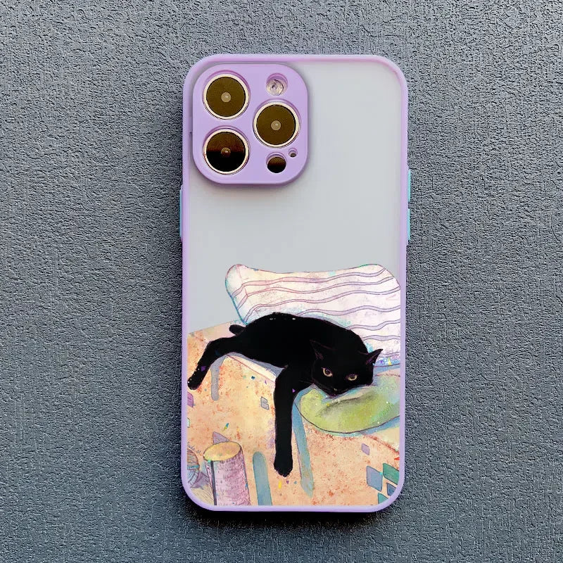 Luxury Funny Cartoon Black Cat Phone Case For iPhone 17 16 15 14 13 12 11 Pro Max Mini 7 8 Plus SE Shockproof Matte Hard Cover