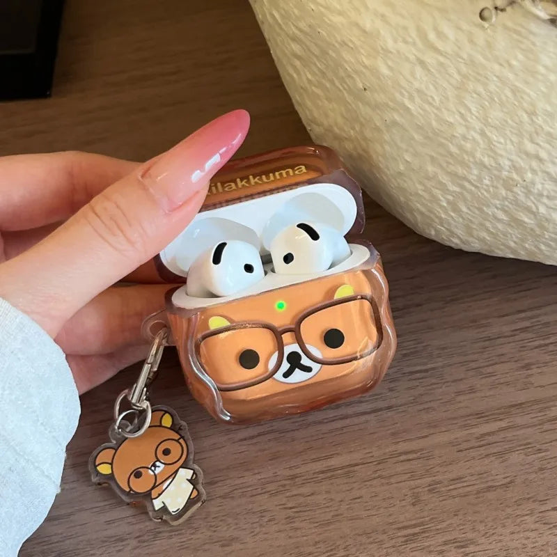 Korean Cute Rilakkuma Glasses Clear AirPods Case with Keychain for AirPods 1 2 3 4 Pro 2 Pro 3 Cute Shockproof Protective Cover