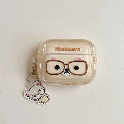 Korean Cute Rilakkuma Glasses Clear AirPods Case with Keychain for AirPods 1 2 3 4 Pro 2 Pro 3 Cute Shockproof Protective Cover