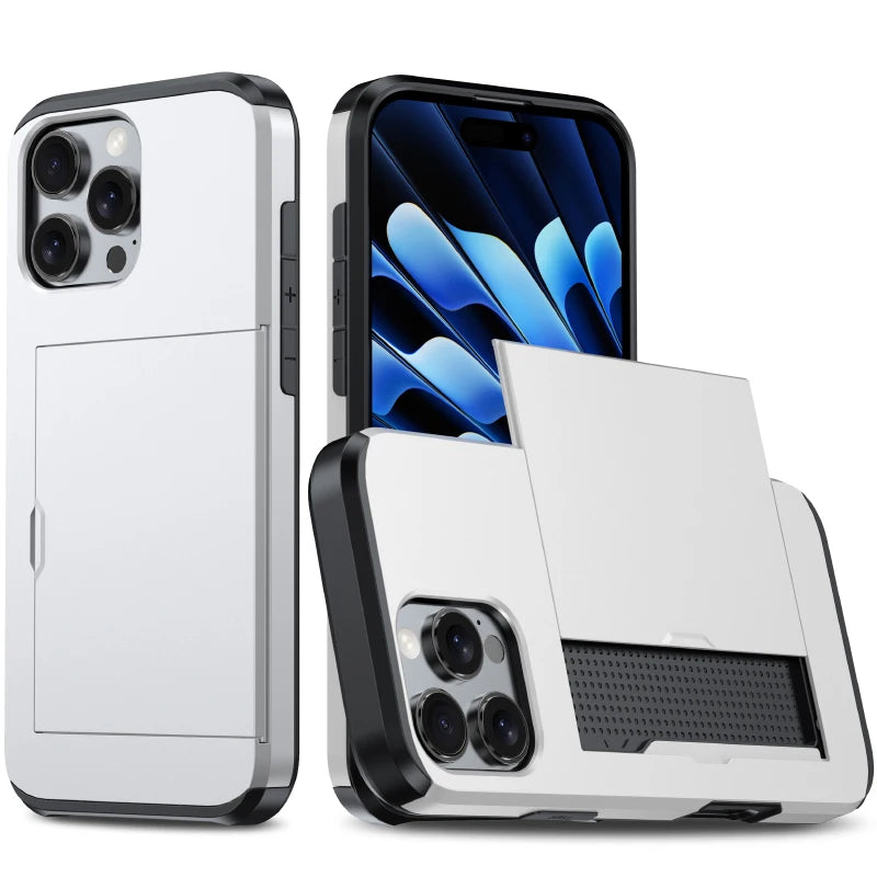 Push Pull Wallet Card Slot Solid Color Shockproof Phone Case For iPhone 16 Pro Max 14 11 12 13 15 Pro Max Mini Bumper Back Cover