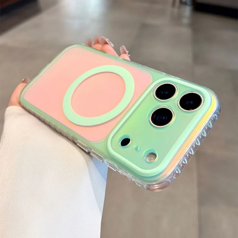 Luxury Laser Aurora Gradient For Magsafe Phone Case For iPhone 18 17 16 15 Pro Max Magnetic Wireless Charging Hard Bumper Cover