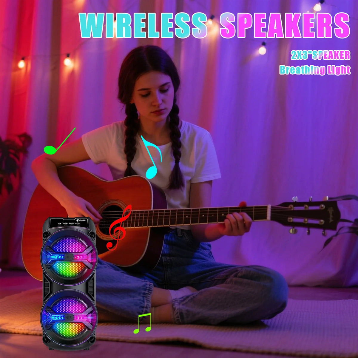 Portable wireless Bluetooth speaker with microphone and multi-mode colorful lights. Supports TF card, USB Type-C port and FM radio. Suitable for parties, outdoor camping, square dancing and other occasions. A lovely gift.