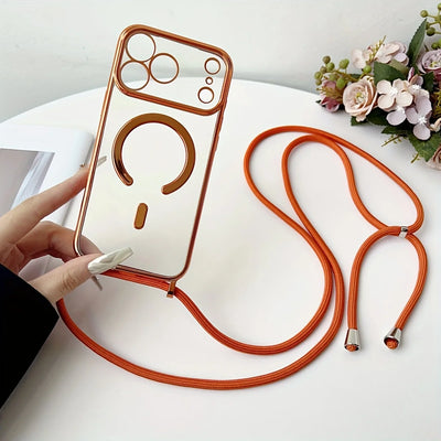 Luxury Necklace Cord Rope Lanyard Plating Magnetic Clear Phone Case For iPhone 17 16 14 12 13 15 Pro Max Air For Magsafe Cover