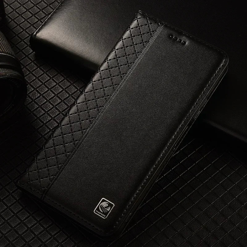 For APPLE iPhone 17 16 16E 15 14 Pro Max Air Plus Flip Case Grid Pattern Magnetic Cover Cowhide Genuine Leather Wallet Covers