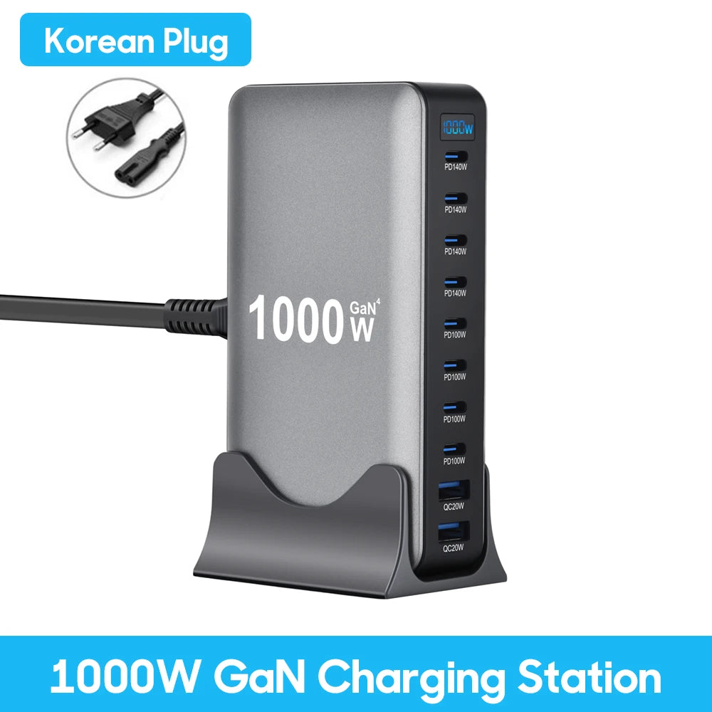 1000W GaN Charger USB C Fast Desktop 10Port USB Type C PD3.1 Charger Fast Charging for iPhone 17 16 15 Samsung S24 Xiaomi Laptop