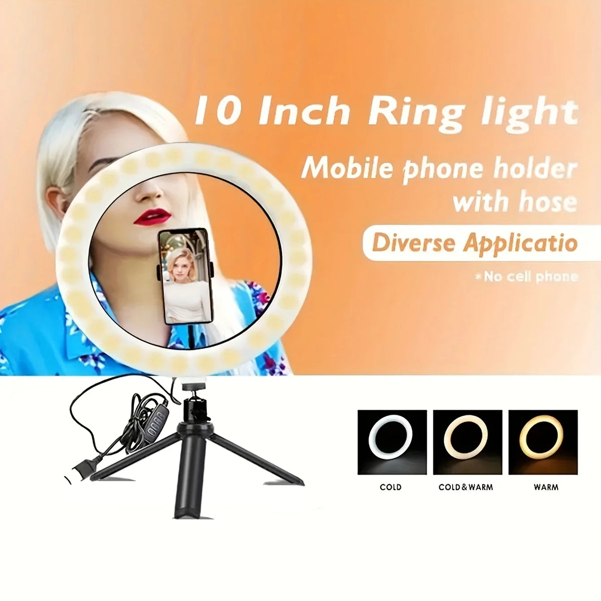 10" LED Ring Fill Light With Tripod Stand And Phone Holder Dimmable Phone Holder For Video, Photography, Selfie, Vlog, Make-up,