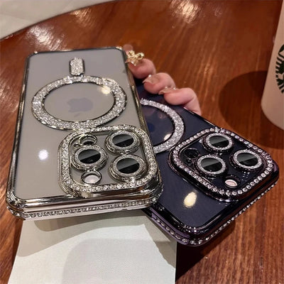 New Fashion Glitter Diamond Transparent Case For iPhone 16 15 14 13 17 12 18 Pro Max Plus Magnetic Wireless Charge Bumper Cover