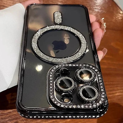 New Fashion Glitter Diamond Transparent Case For iPhone 16 15 14 13 17 12 18 Pro Max Plus Magnetic Wireless Charge Bumper Cover