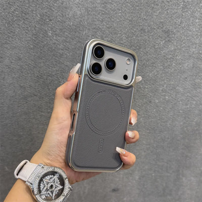 Luxury Leather Magnetic Phone Case for iPhone 17 16 15 Pro Max Plating Frame Original Business Magnets Charging Shockproof Cover