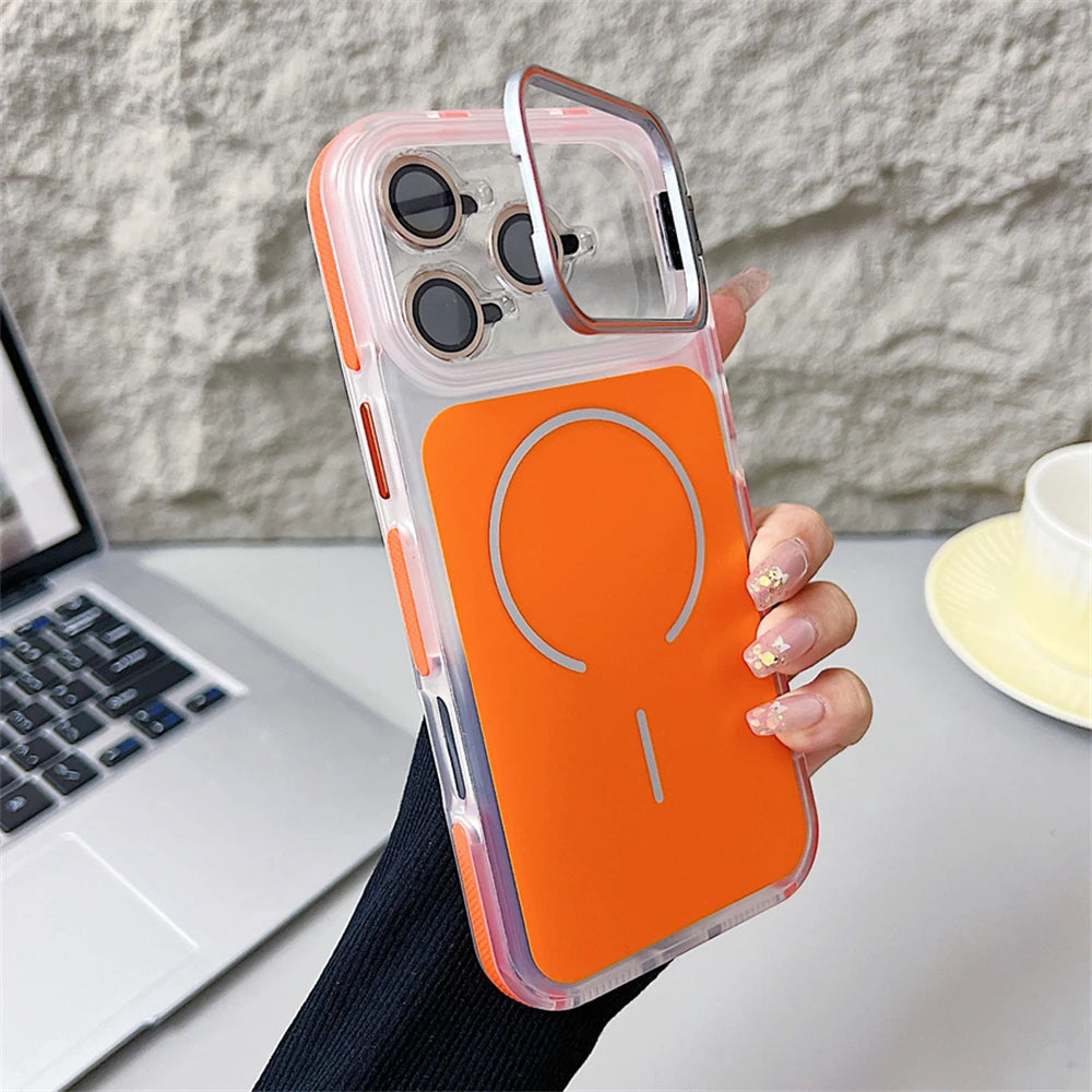 Magnetic Lens Bracket Phone Case For iPhone 17 16 15 14 13 12 11 Pro Max XR XS For Magsafe Hard Acrylic Shockproof Bumper Cover