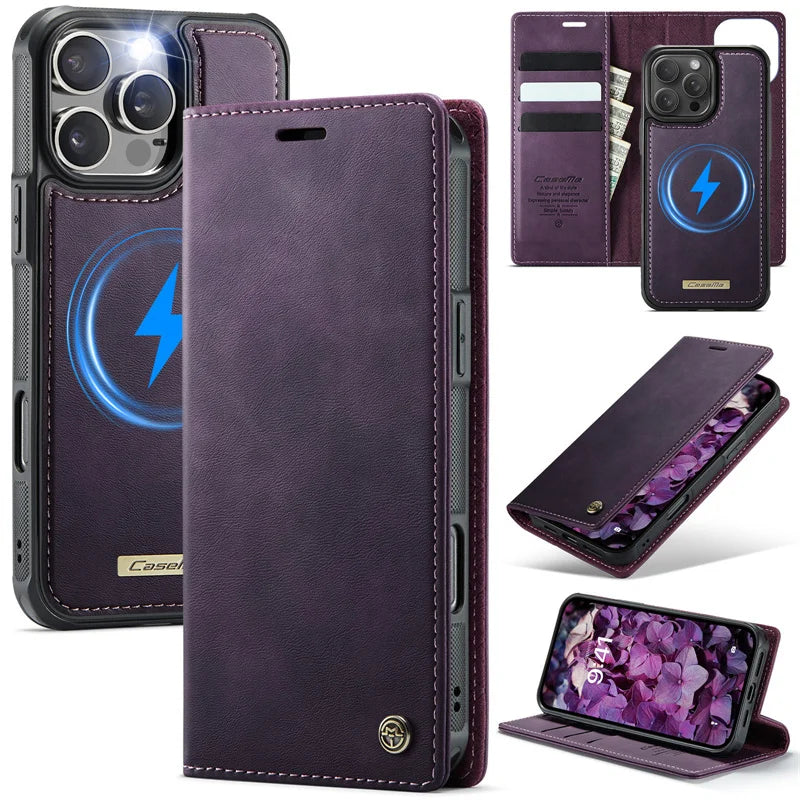 Magnetic Flip Leather Phone Case for iPhone 17 Pro Max 17E Air 16 Plus 15 14 13 12 11 Wireless Charging Wallet Cards Cover Coque