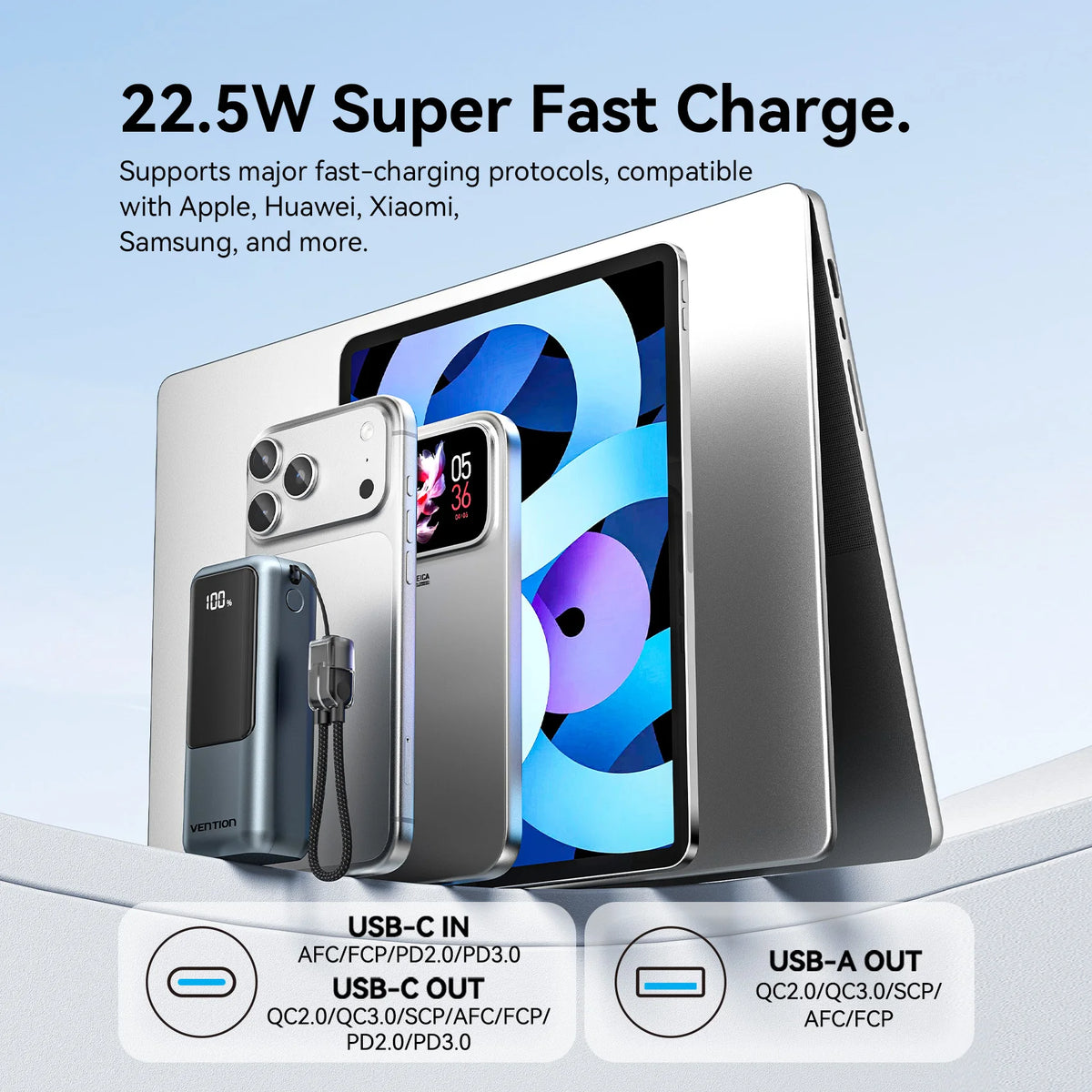 Vention 10000mAh Mini Power Bank 22.5w Portable Charger Built-in USB C Cable PD 3.0 Fast Charging for iPhone 17 18 Samsung S26