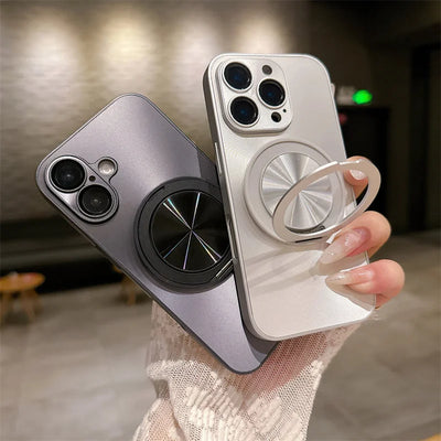 360 degree Rotatable Magsafe Ring Holder Case For iPhone 16 Pro Max 16 Plus 15 Pro 14 13 12 11 Frosted Plating Lens Film Cases