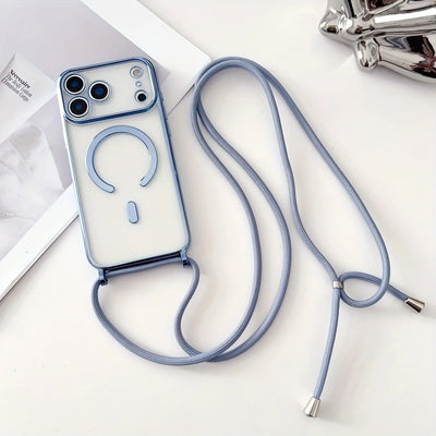 Luxury Necklace Cord Rope Lanyard Plating Magnetic Clear Phone Case For iPhone 17 16 14 12 13 15 Pro Max Air For Magsafe Cover