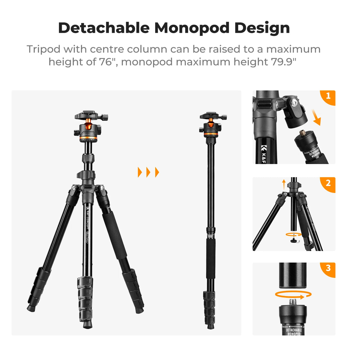 K&F CONCEPT 192cm Camera Tripod with 360 Degree 17.6lbs Load Ball Head Detachable Monopod Heavy Duty DSLR Tripods O275A5+BH-36