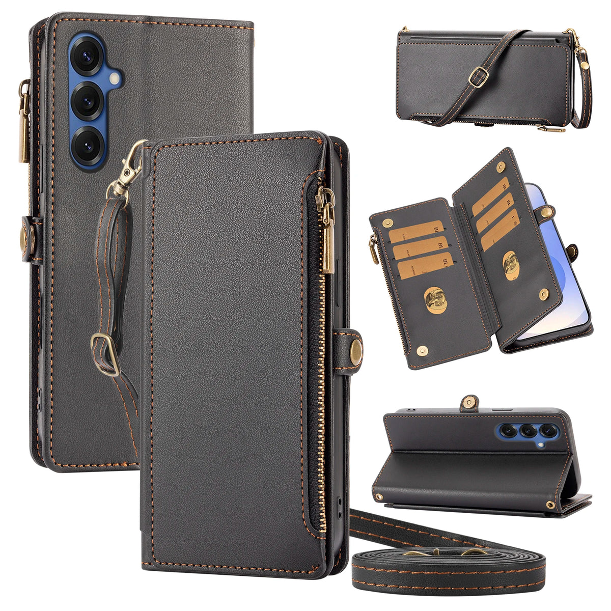 Flip Cover Protective Case for Redmi Note 8/9/10/11/12/13/14/15Pro with Multiple Card Slots, Crossbody Strap, Wallet Phone Case, Zipper Coin Pocket, Stand, Faux Leather Protective Cover