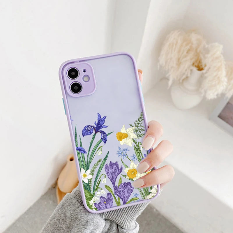 Painted Flower Phone Case For iPhone 15 13 14 12 11 Pro Max Mini 7 8 Plus SE Mini Shockproof Matte Hard Back Cover Shell Fundas