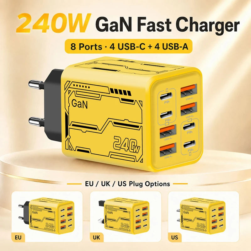 Lenovo 8‑in‑1 240W Multi-Port Charger 4USB 4Type C with PD Fast Charging Charging Station for Smartphone Universal EU US UK Plug