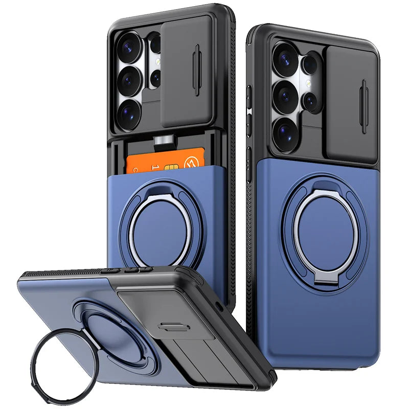 Slide Lens Card Slot Holder Cover Funda For Samsung Galaxy S22 S23 S26 Ultra S25 Plus S24 FE Case Armor Magnetic Holder Coque