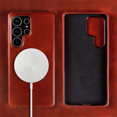 Full Wrapped Magnetic Genuine Leather Phone Case for Samsung Galaxy S25 Edge Cases S24 S23 S22 S21 S26 Wireless Charging Cover