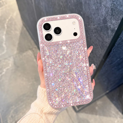 Luxury Sparkling Rhinestone Phone Case, Compatible with iPhone Air/17 Pro Max/16 Pro/15/14/13/12/11, Glitter Acrylic Back Cover, Solid Color Soft-Touch Frame, Large Camera Cutout Protective Case