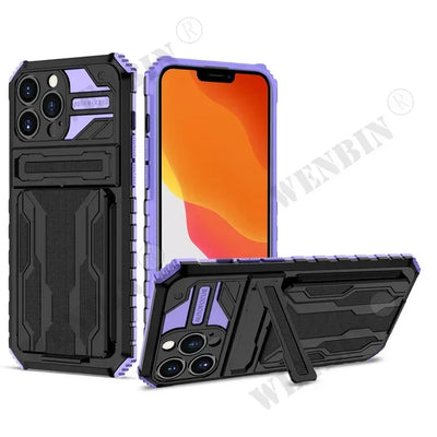 Case For iPhone 16 15 14 13 12 11 Pro Max Plus XR 8 7 Plus Anti Shock KickStand Bracket Card Slot Case