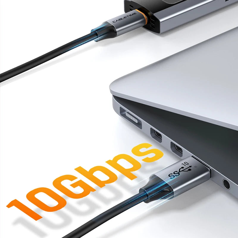 CABLETIME USB 3.2 to USB C 3A Cable 10Gbps PVC Fast Data Transmission QC 3.0 60W Braided Wire for Smart Phone SSD Enclosure