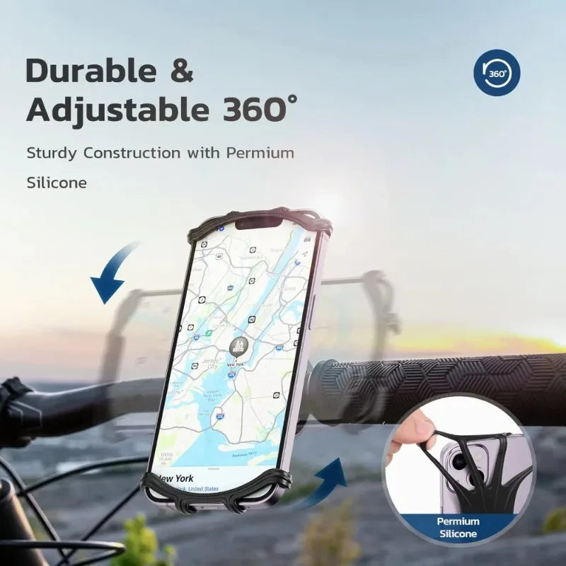 360 Rotatable Silicone Pull Type Phone Holder for Bike Motorcycle, Safe Mount for All Smartphones Cycling Stand