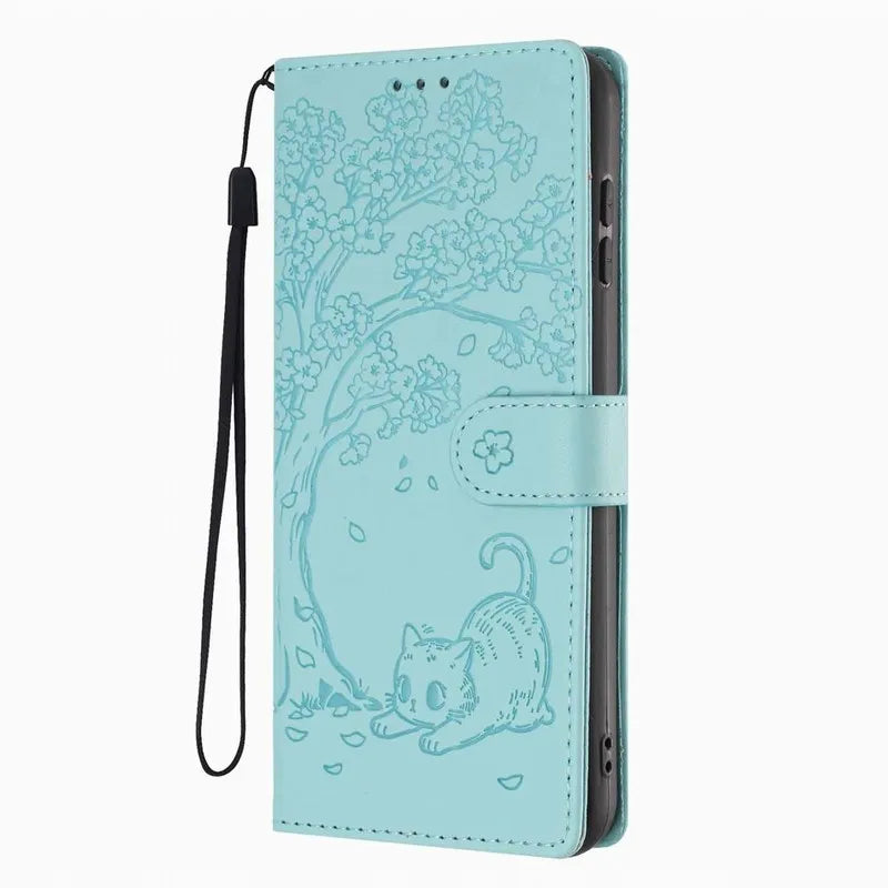 Cute Phone Case For Samsung Galaxy S5 S26 S25 Edge S24 S23 S21 FE S22 Plus Ultra Cash Wallet Cats Under Tree Flip Stand Fundas