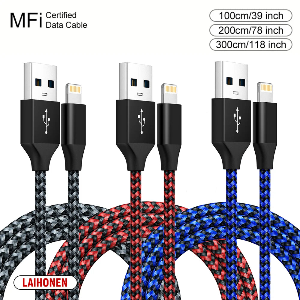 1m 2m 3m Fast Charging USB Cable for iPhone 11 12 13 14 Pro XS Max XR X 6S 7 8 Plus SE Nylon Braided Wire USB Charger Data Cable