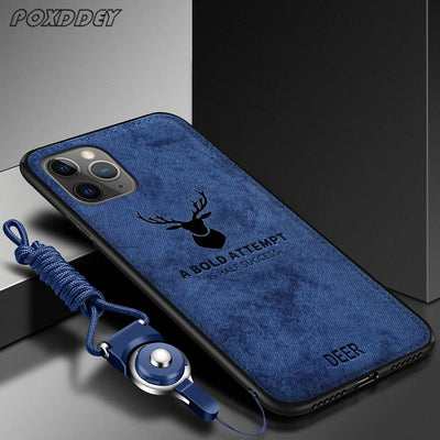 Lanyard Vintage Deer Print Phone Case For iPhone 17 Air 11 12 13 14 15 16 Pro Max Max Plus 16E PU Cloth Texture Mild Back Cover