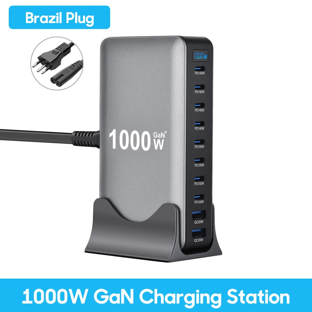 1000W GaN Charger USB C Fast Desktop 10Port USB Type C PD3.1 Charger Fast Charging for iPhone 17 16 15 Samsung S24 Xiaomi Laptop