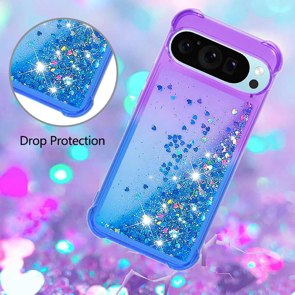 Bling Moving Liquid Floating Sparkle Colorful Glitter TPU Protective Case For Google Pixel 9 Pro XL 8 9A 8A 7A Waterfall Cover