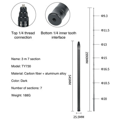 Carbon Fiber Selfie Stick for DJI Osmo Action Insta360 GoPro Action Camera Extended Sticks with 1/4" Hole for Tripod