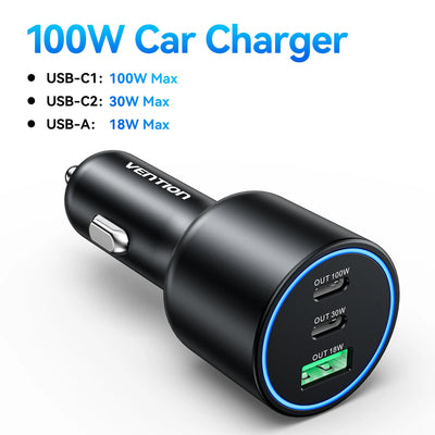 Vention 130W Car Charger USB Type C QC 4.0 PPS PD 30W Fast Charging USB C Car Phone Charger for iPhone 16 15 Pro Samsung Macbook