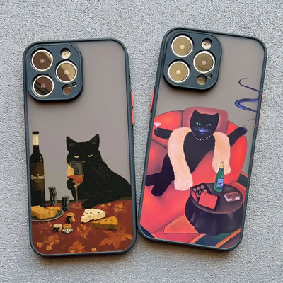 Luxury Funny Cartoon Black Cat Phone Case For iPhone 17 16 15 14 13 12 11 Pro Max Mini 7 8 Plus SE Shockproof Matte Hard Cover