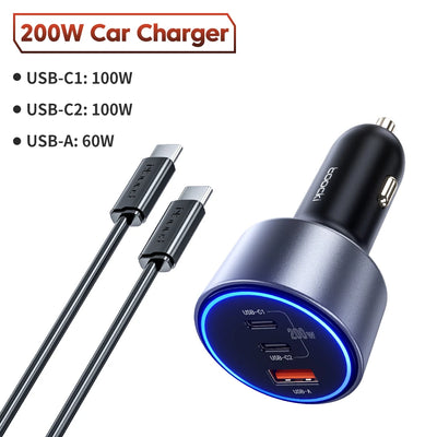Toocki 200W Car Charger Quick Charge 4.0 PPS 45W PD 100W Fast Charging USB C Car Phone Charger for Macbook iPhone 15 14 Samsung