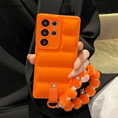 Luxury Down Jacket Pearl Bracelet Case for Samsung Galaxy S26 S25 Ultra S23 S24 Plus S21 S22 FE A56 A55 A16 Plush Lanyard Cover