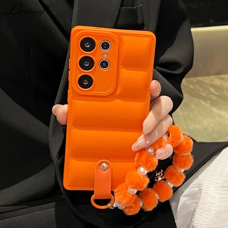 Luxury Down Jacket Pearl Bracelet Case for Samsung Galaxy S26 S25 Ultra S23 S24 Plus S21 S22 FE A56 A55 A16 Plush Lanyard Cover