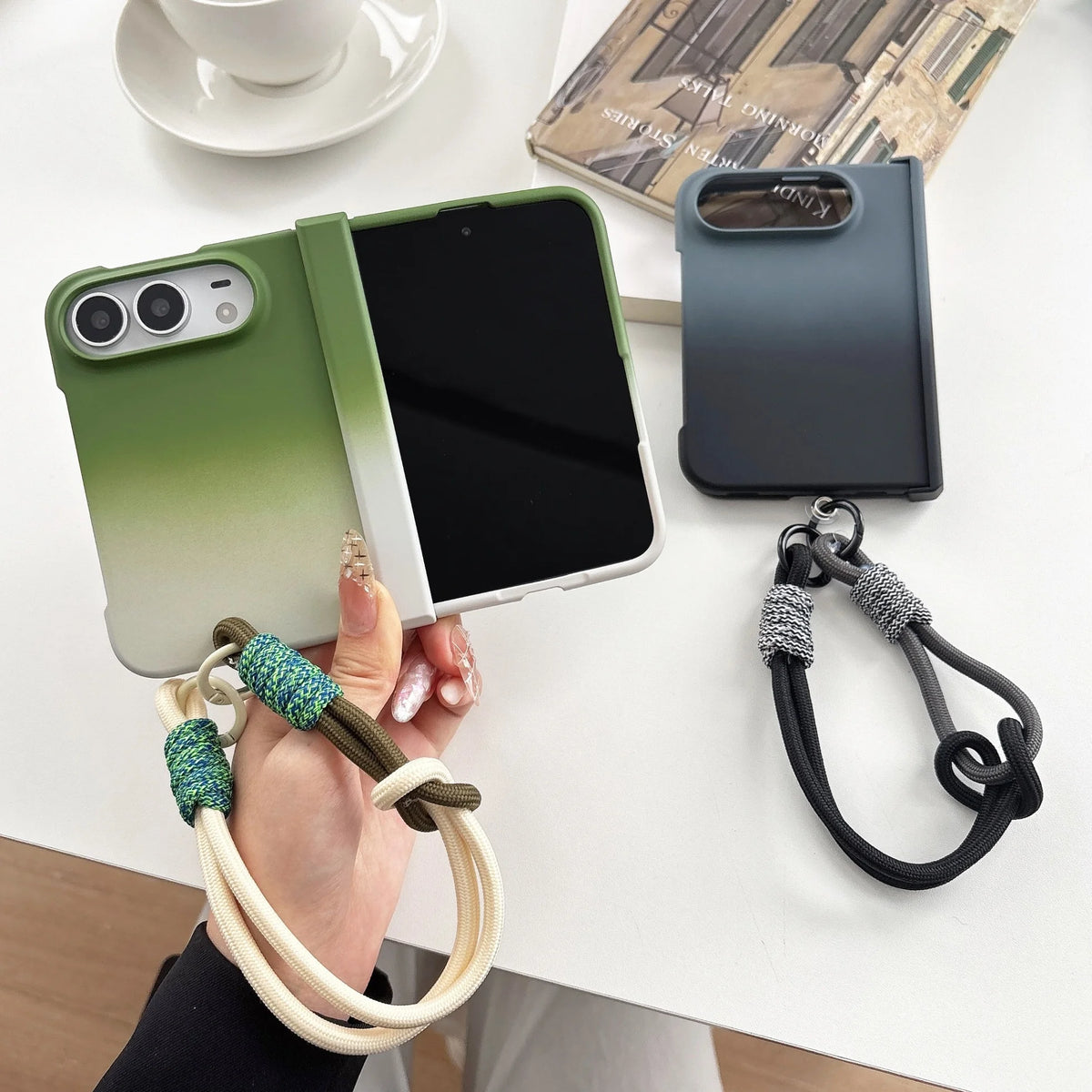 For iPhone Duo 2026 Luxury Gradient Color Hinge Protection Phone Case for iPhone DUO 18 Ultra 18Fold Wrist Strap Lanyard Cover