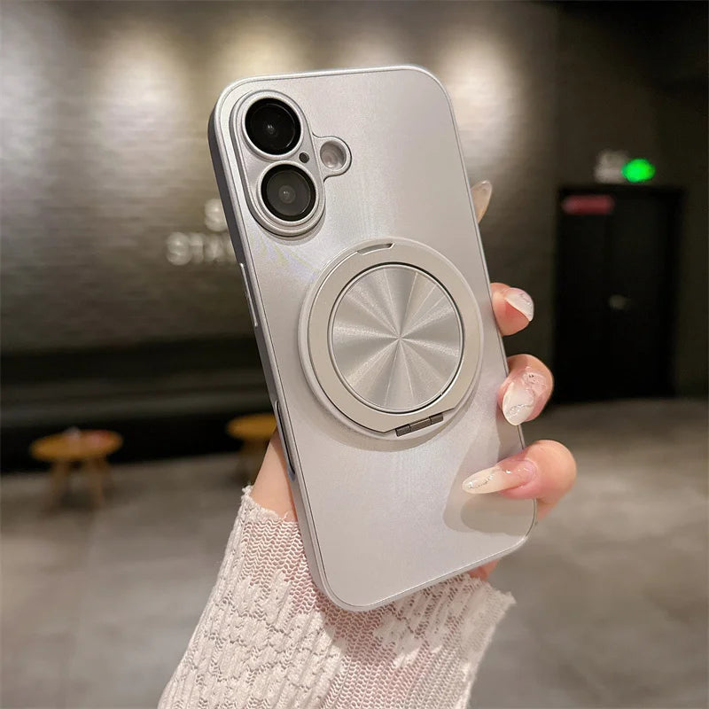 360 degree Rotatable Magsafe Ring Holder Case For iPhone 16 Pro Max 16 Plus 15 Pro 14 13 12 11 Frosted Plating Lens Film Cases